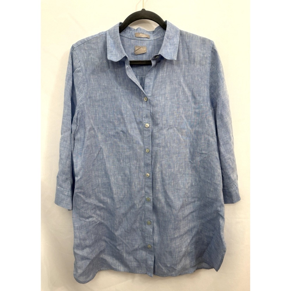 Chicos No Iron 100% Linen Blue 3/4 Sleeve Button Tunic Top Womens Size 1 (M)